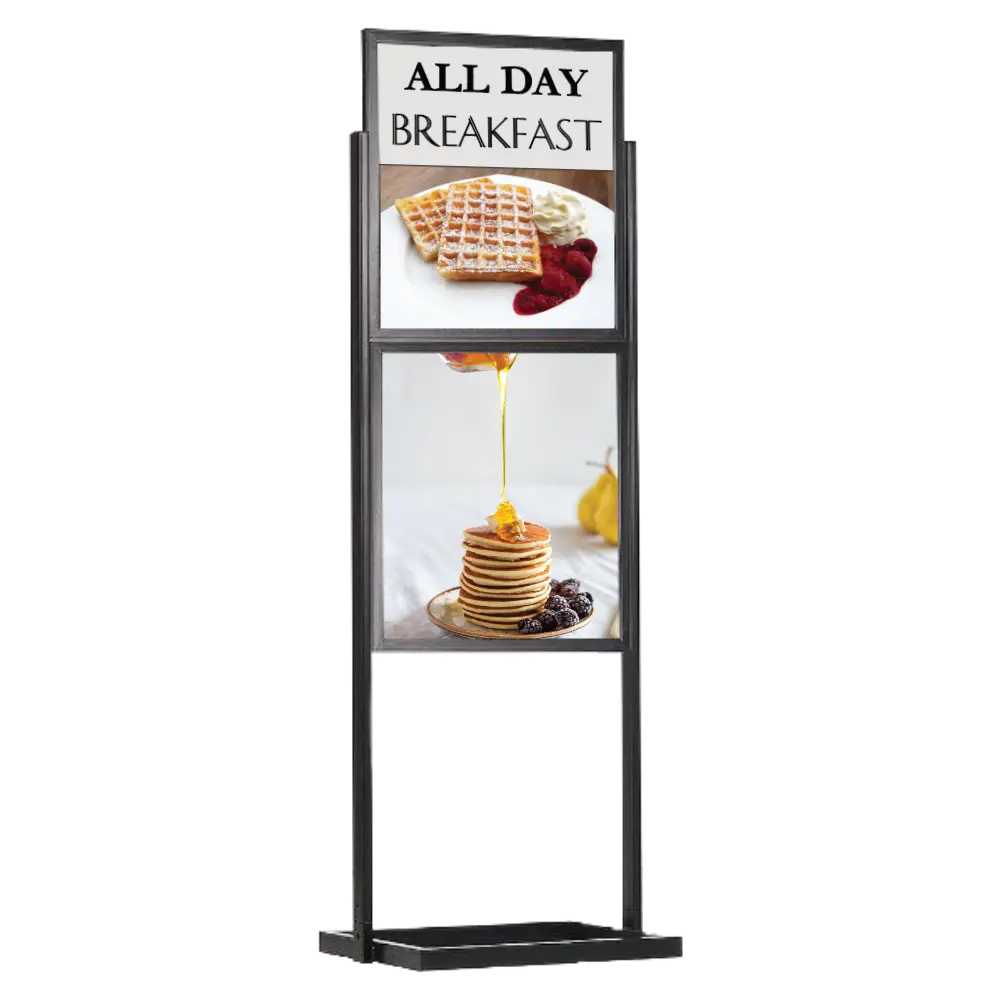 Double-sided Portable Eco Infoboard, 22x28 (2-Tier), Slide-in frame Black, Metal tubing base
