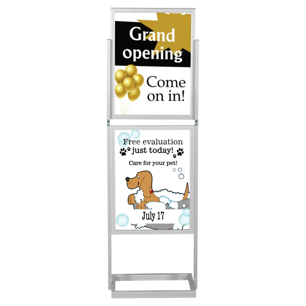 Double-sided Portable Eco Infoboard, 22x28 (2-Tier), Slide-in frame Silver, Metal tubing base