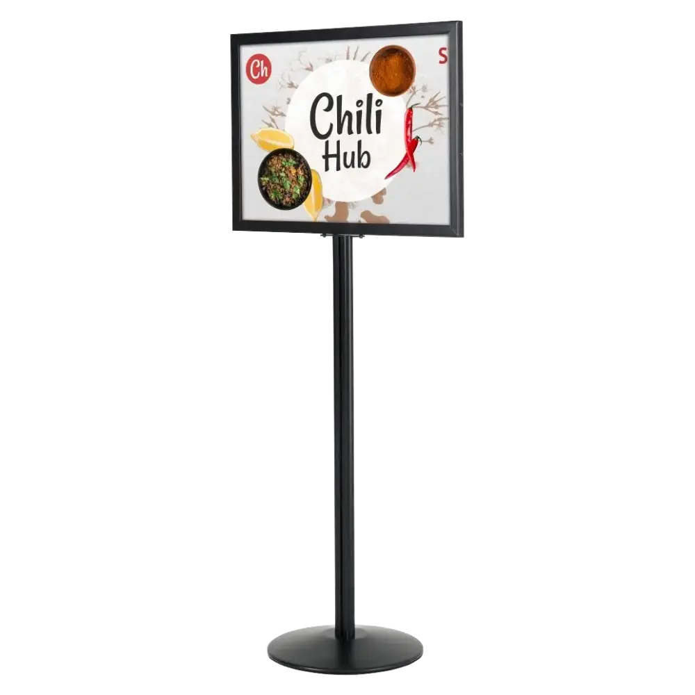 Double-sided sign holder stand, 22x28, Slide-in frame Black, Round base