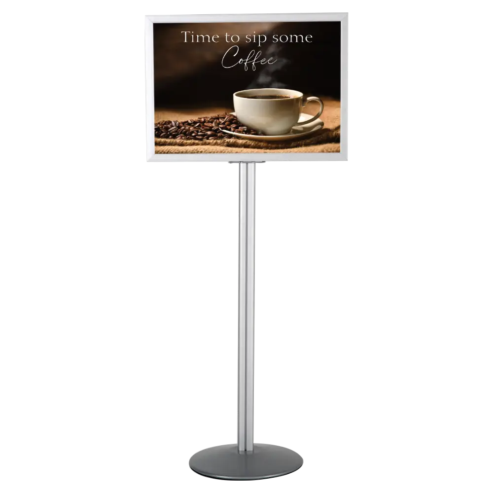 Double-sided sign holder stand, 22x28, Slide-in frame Silver, Round base