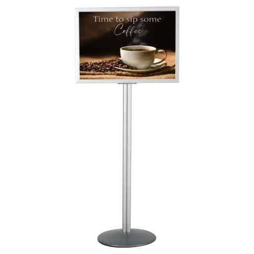 [UIBSHN0022X2000] Double-sided sign holder stand, 22x28, Slide-in frame Silver, Round base